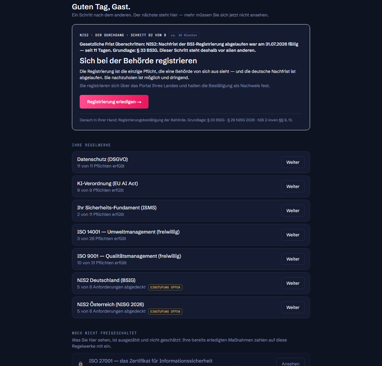 Die Dashboard-Übersicht mit einer großen Karte für den nächsten Schritt